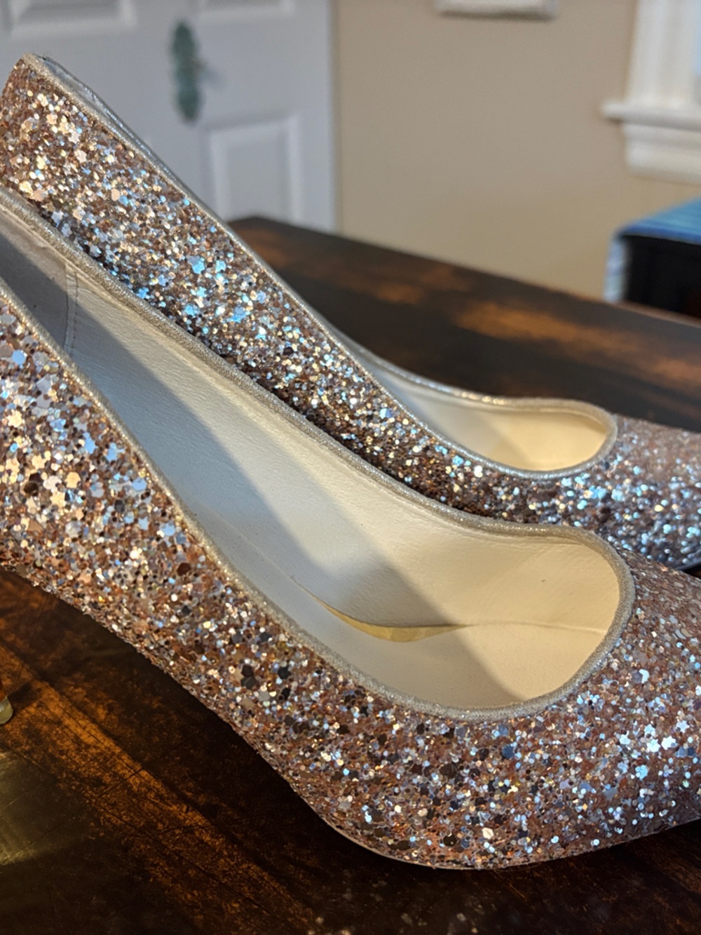 Glitter Pointed Toe Heels in Rose Gold